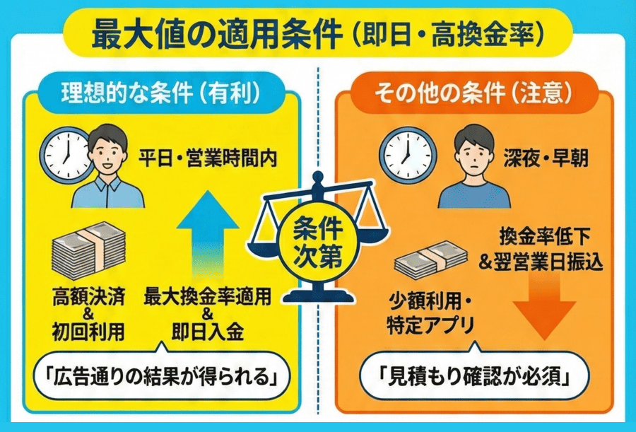 即日・高換金率は事実だが「全員同条件」ではない