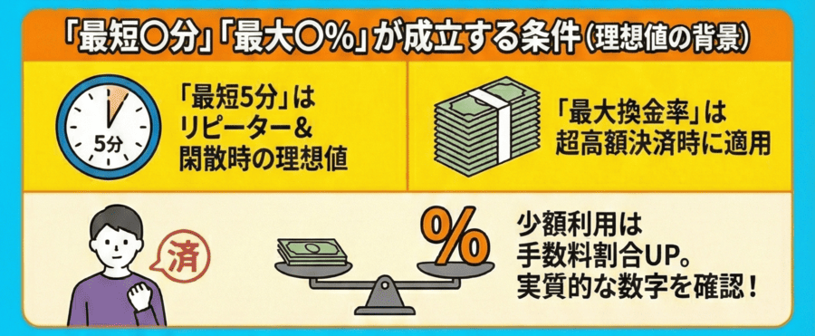 「最短〇分」「最大〇％」が成立する条件