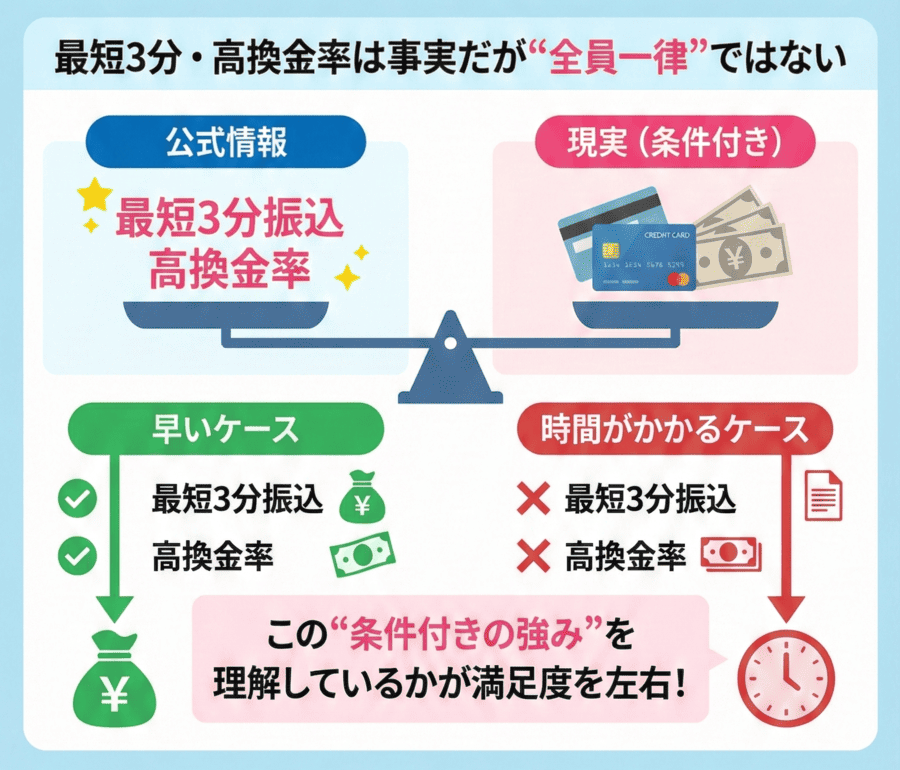 最短3分・高換金率は事実だが“全員一律”ではない