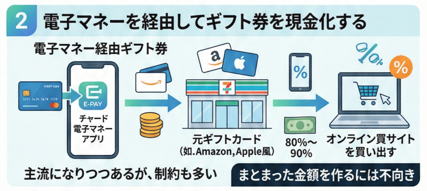 電子マネーを経由してギフト券を現金化する