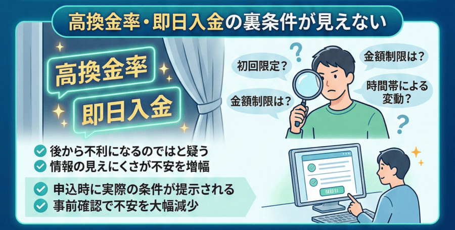 高換金率・即日入金の裏条件が見えない不安
